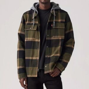 Levi’s Green Plaid Cotton Shirt Jacket With Hoodie Medium